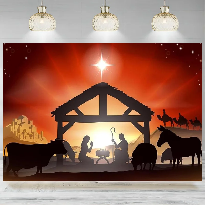 Christmas Nativity Backdrop Holy Night Three Kings Birth of Jesus Manger Photographic Background Xmas Party Banner  Epiphany