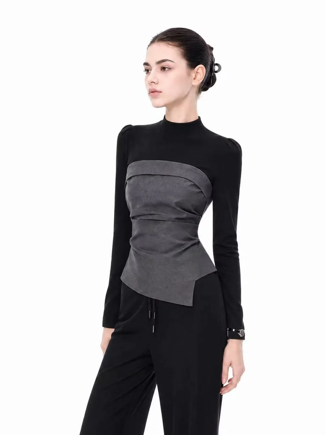 Korean Style Asymmetrical Waist-Cinching Long Sleeve T-Shirt Women's Autumn Elegance Fake Two-Piece Light Maturity Unique Top