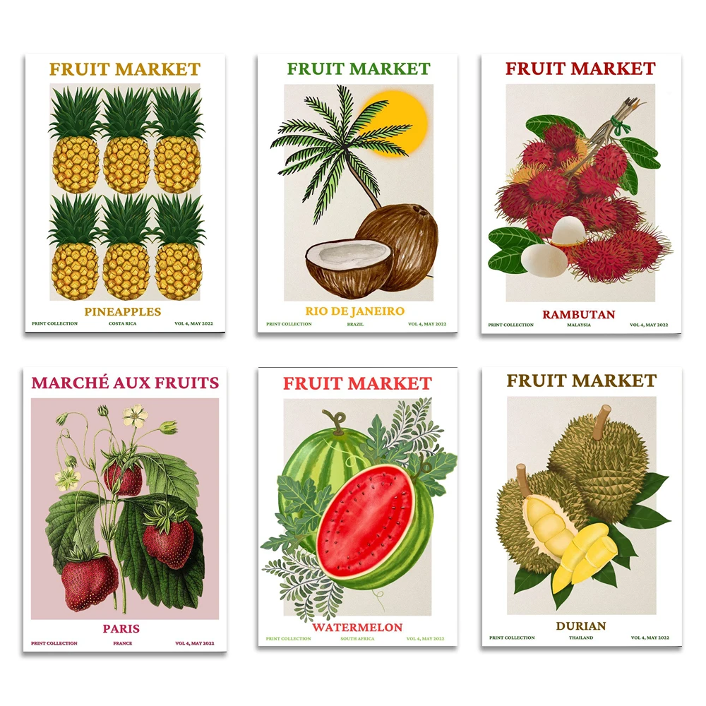 Fruit market botanical poster, exotic fruits blueberry, durian, strawberry, coconut, strawberry, pineapple kitchen decoration