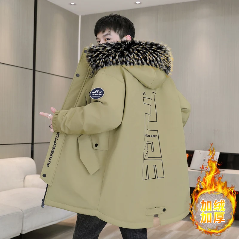 Men's Mid-Length Fleece Hooded Jackets 2025 Winter Detachable Fur Collar Thicken Plush Parkas Outwear Loose Windproof Warm Coats