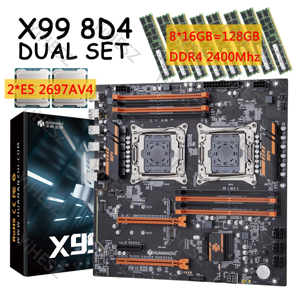 X99 Dual Motherboard Set With 8*16GB=128GB Memory DDR4 2400Mhz RECC Processor LGA 2011-3 Kit E5 2697A V4 Support M.2 NVME USB3.0