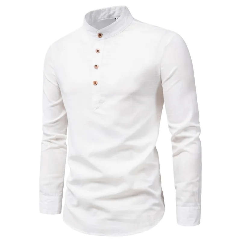 Classic Mens Shirt Tops Solid Color Buttoned Stand Collar Long Sleeve Polo Shirts Spring Men Vintage Slim Pullover Top Plus Size