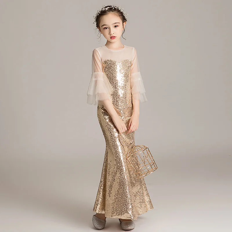 Kid Luxury Wedding Dress Children Girl Evening Gold Sequin Bodycon Trumpet Mermaid Party Elegant Cocktail Chinese Style Dress