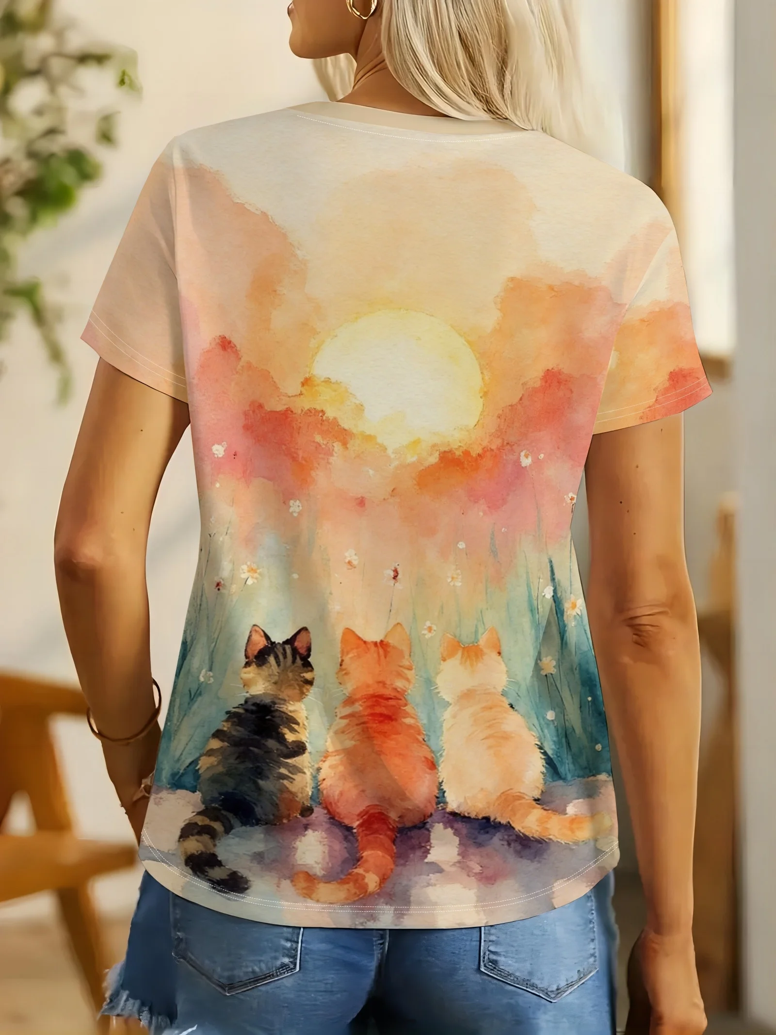 Women Crew Neck T-shirt Watercolor Sunset Three Cats Back View Print Short Sleeve Soft Casual Summer Top
