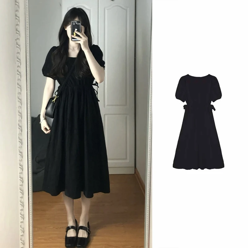 Yanling French Style Retro Black Dress for Women Summer Small A- line Dress Tight Waist Slimming Sense of Design Temperament Dre