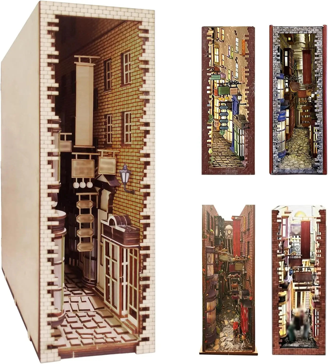 Wizard-Themed Book Nook Kit, Enchanted Street Wooden Bookshelf Insert, DIY Hand-Painted Fantasy Miniature Scene, Decorative Book