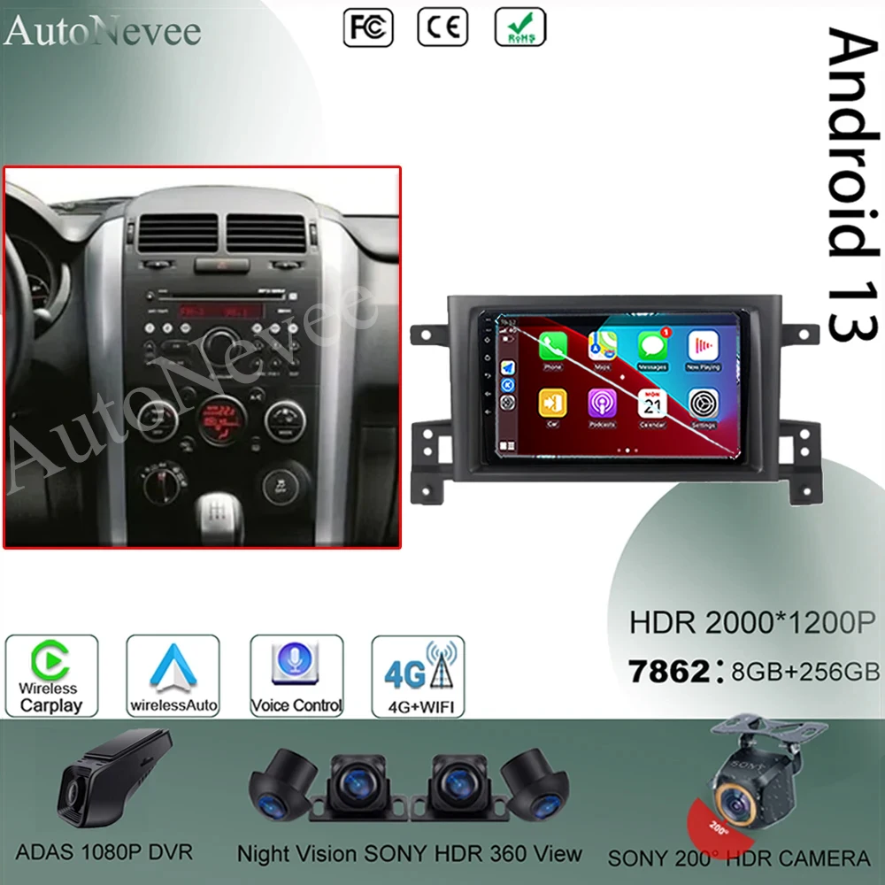 

WIFI Android 13 For Suzuki Grand Vitara 2005-2015 Car WiFi DSP Radio Multimedia Video Player GPS Bluetooth NO 2din Carplay QLED