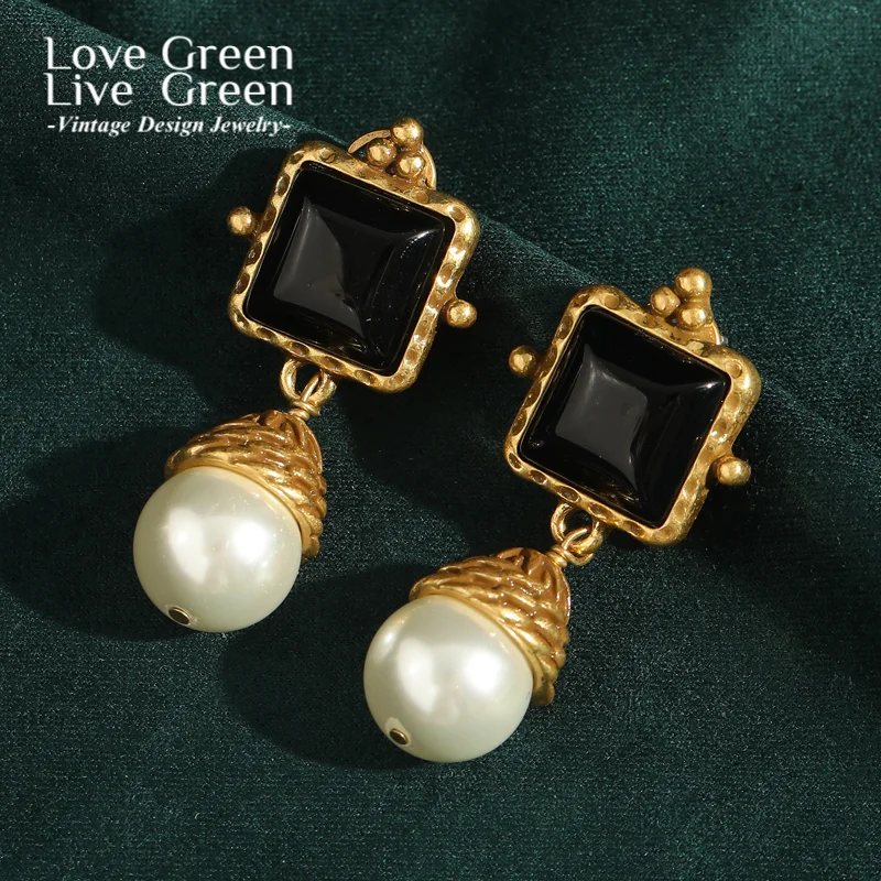 

Vintage Square Black Stone Big Pearl Drop Earrings Antique Gold Color Rhinestone High Quality Luxury Brand Jewelry 2025 Trendy