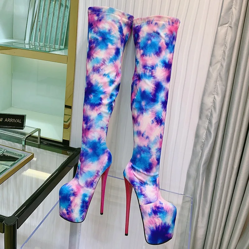 

High Boots Dancing 19cm Stiletto Over The Knee Boots Platform Round Toe Mixed Colors Women Pumps Elastic Fabric Side Zipper Shoe