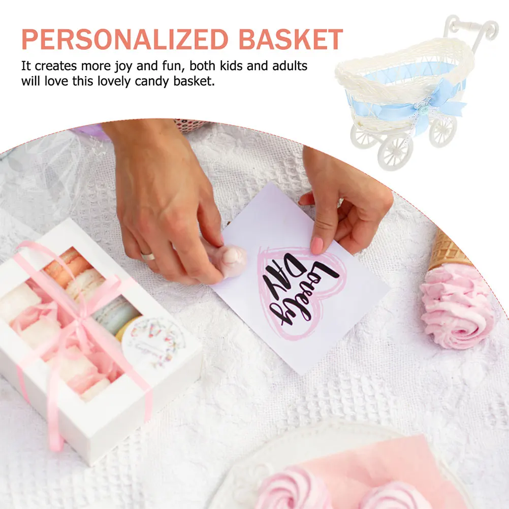 

2 Pcs Imitation Rattan Baby Stroller Ornaments Kids Candy Cart Centerpiece Sky-blue Shopping