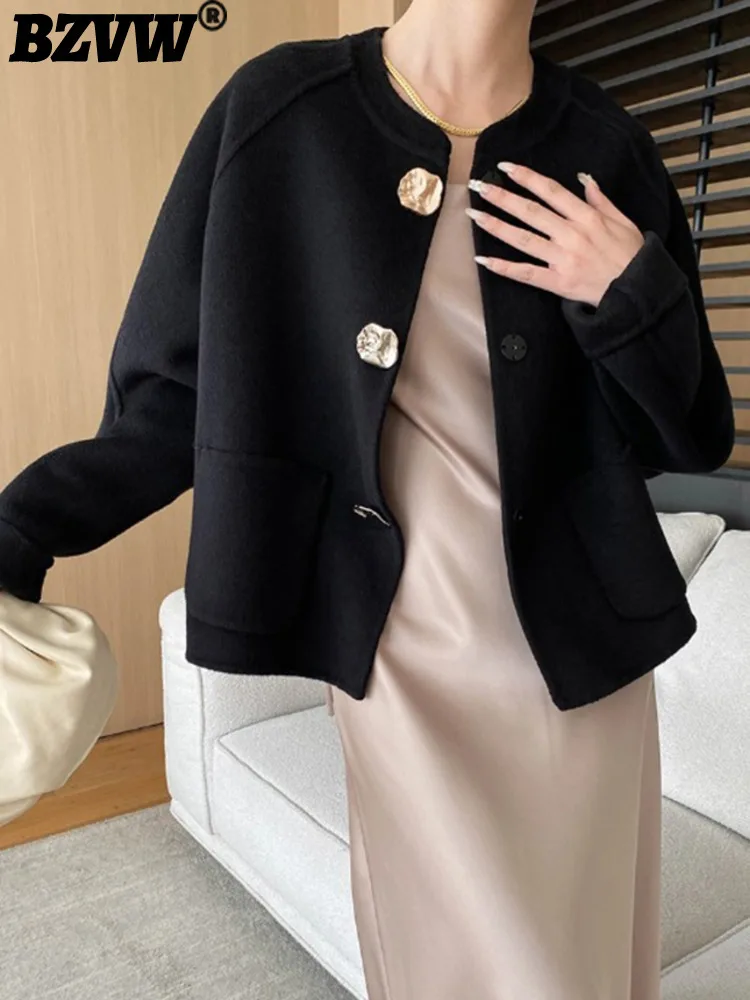 

Женское двубортное шерстяное пальто BZVW, офисное однотонное пальто с круглым вырезом и длинными рукавами, осень 2024, новинка, 25A8712