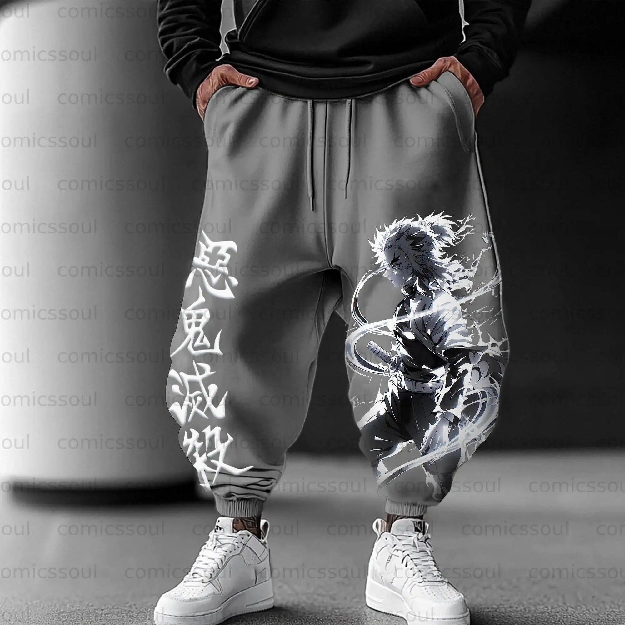 Demon Slayer Kimetsu No Yaiba Tanjiro Kamado Grey Hoodie Set Sword Character Print Cotton Tracksuit Cosplay Outfit