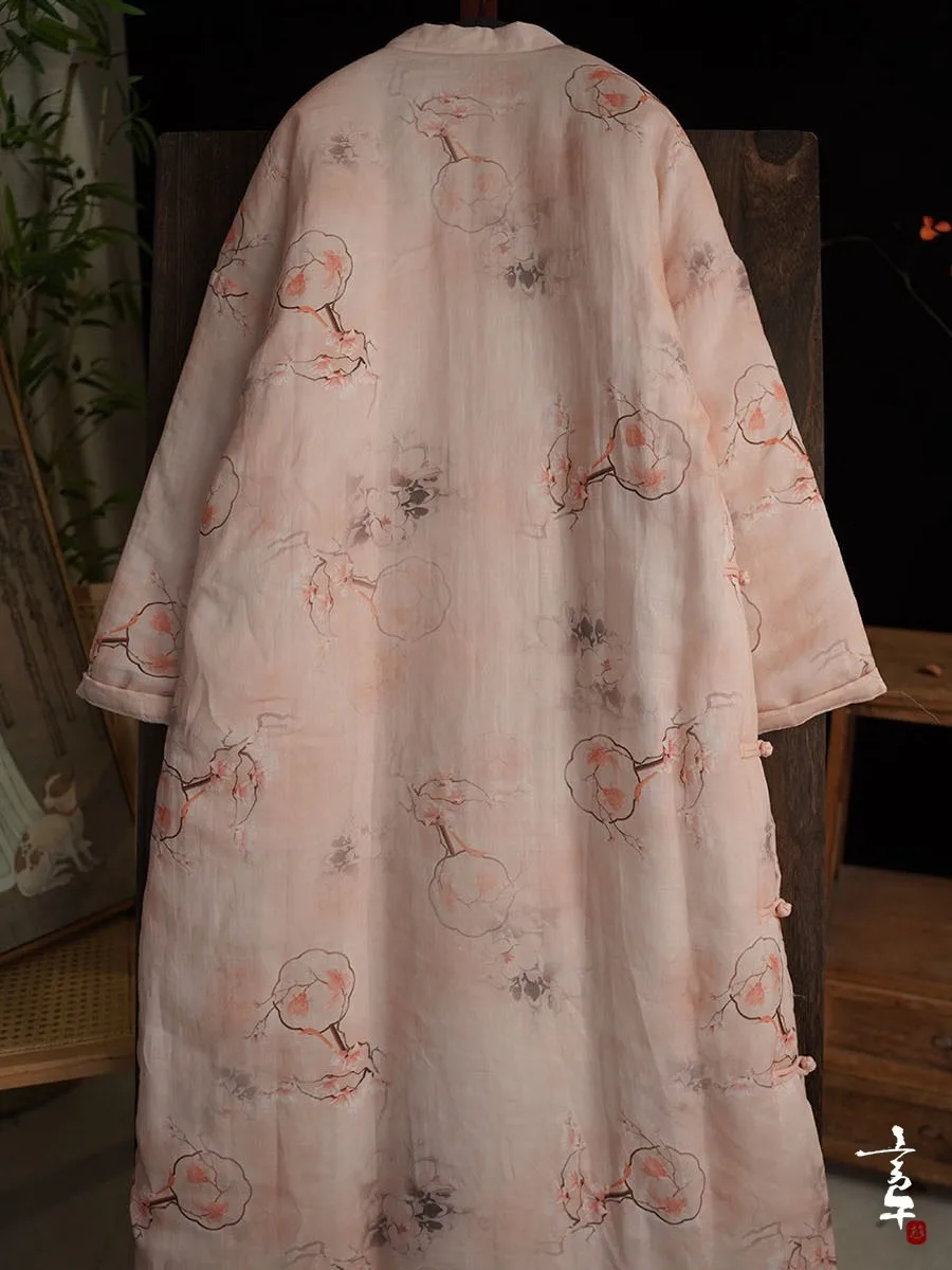 Retro Floral Print Cotton Linen  Sle Long Dr Women's Warm Underlay Cotton Dr Elely Patterned Winter Dr