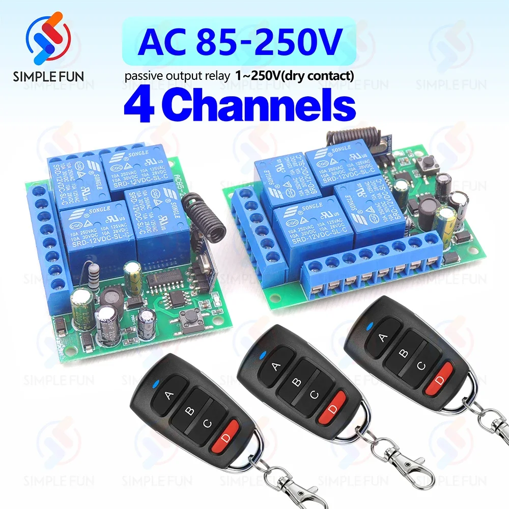 

433MHz 4CH Wireless Remote Control Switch AC 110V 220V 10A RF Relay Receiver Module for Garage Door Light Motor DIY