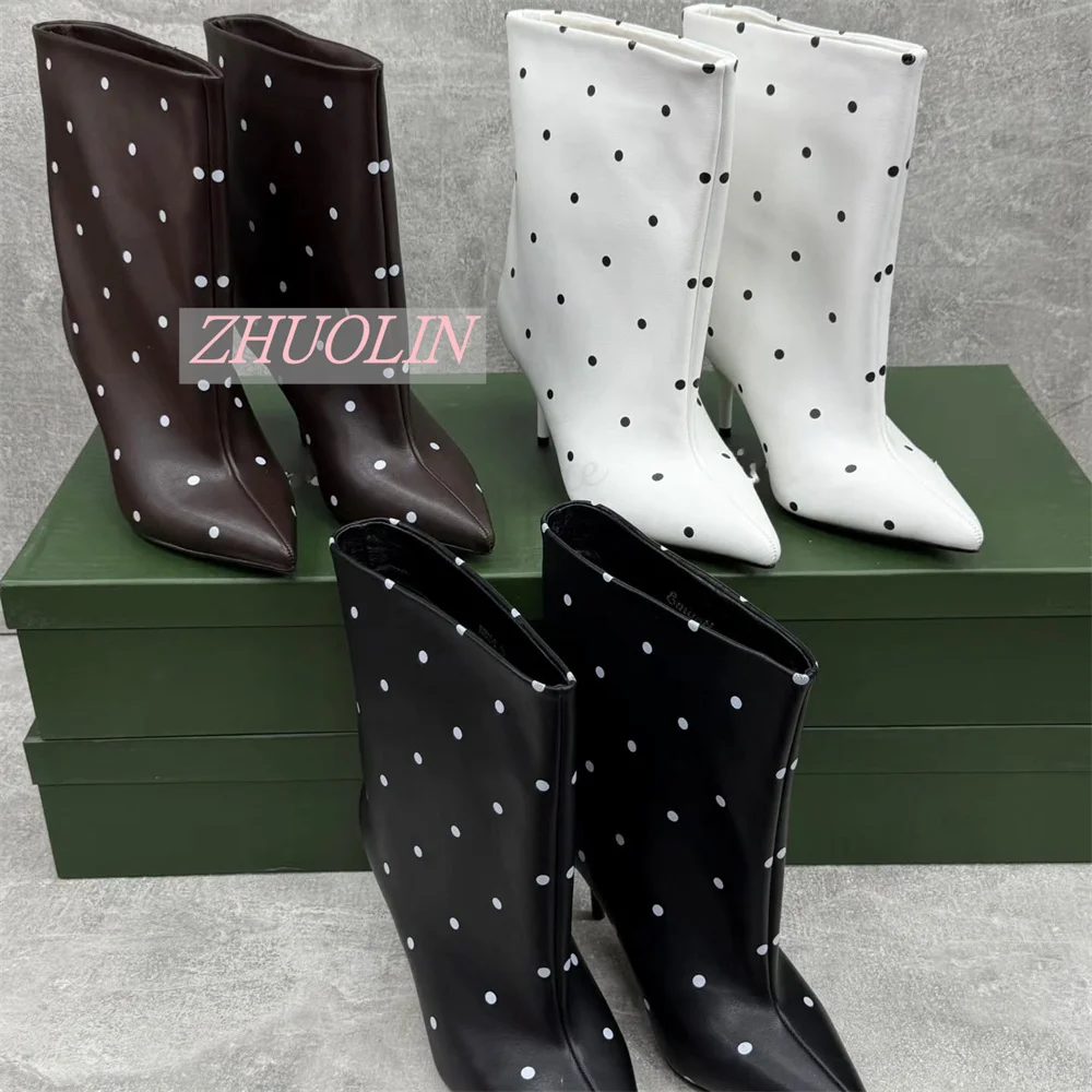 Women Black White Polka Dot Mid Calf Boots Pointed Toe Kitten Heels Wide Straight Shaft Smooth Finish Autumn Casual Dress Shoes