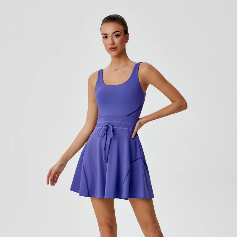 

Sean Tsing Women Tennis Golf Wear Dress U-neck Backless Sleeveless with chest Pad Training Running Sports Yoga Outfits Vestidos