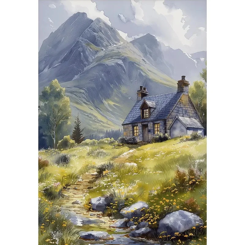 2026 Spring Comic Style Prairie Wildflower Snow Mountain Island Forest Scenery Poster Canvas Paintings Wall Art Pictures Home
