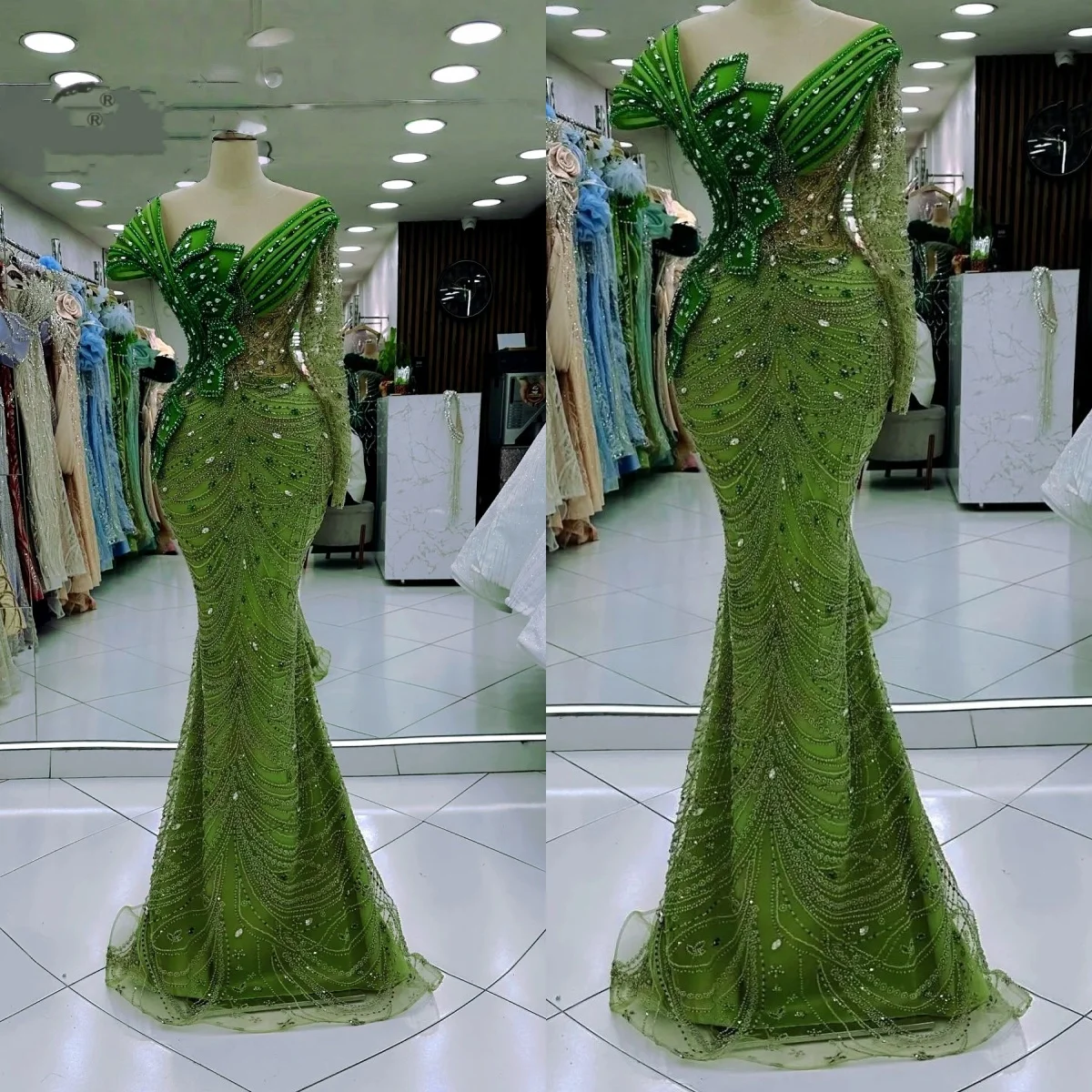 

Luxury Prom Dress Shiny Green Women Reception Evening Gowns Dubai African Engagement Party Dresses Customized