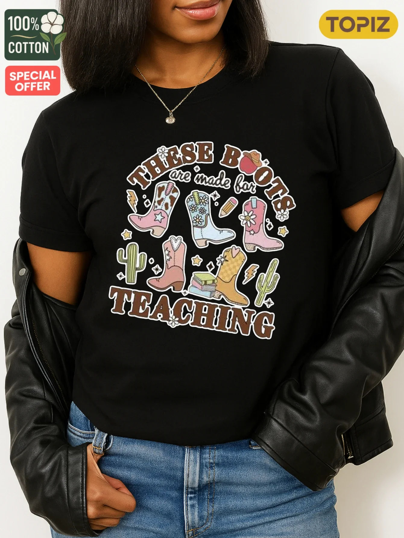 Women's T-Shirt, Crew Neck Short Sleeve Casual Top, Graphic T-Shirt, These Boots Are Made For ,100% Cotton Short Sleeve Neck Top