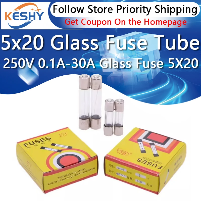 100PCS 5x20 Fuse Tube Glass Fuse Fuse 250V 0.1A 0.5A 1A 1.5A 2A 3A 3.15A 4A 5A 6A 6.3A 7A 10A 15A 20A 25A 30A 5X20 Glass Fuse