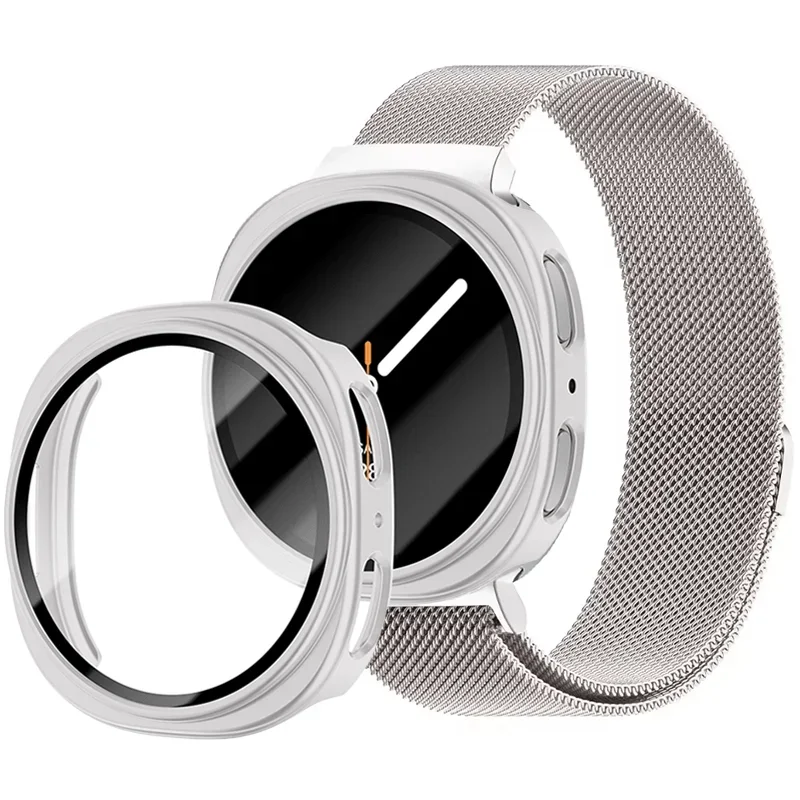 Mlanese Loop+ PC-Gehäuse für Samsung Galaxy Watch 8 40 mm 44 mm, Edelstahl-Metallbänder, gehärtetes Glas + Abdeckung, Watch 8 Zubehör