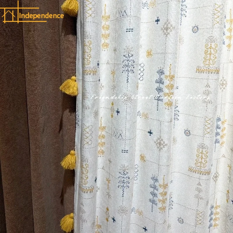 French Beige Yellow Mosaic Tassel Lace Curtains for Living Room Bedroom Window Customized Children's Room Finished Product