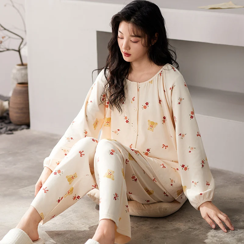 Bear Women Pajamas Sets Autumn Winter Long Sleeves Long Pants Cute Kawaii Sleepwear Soft Pyjamas Cozy Pijamas Girls Button Woman