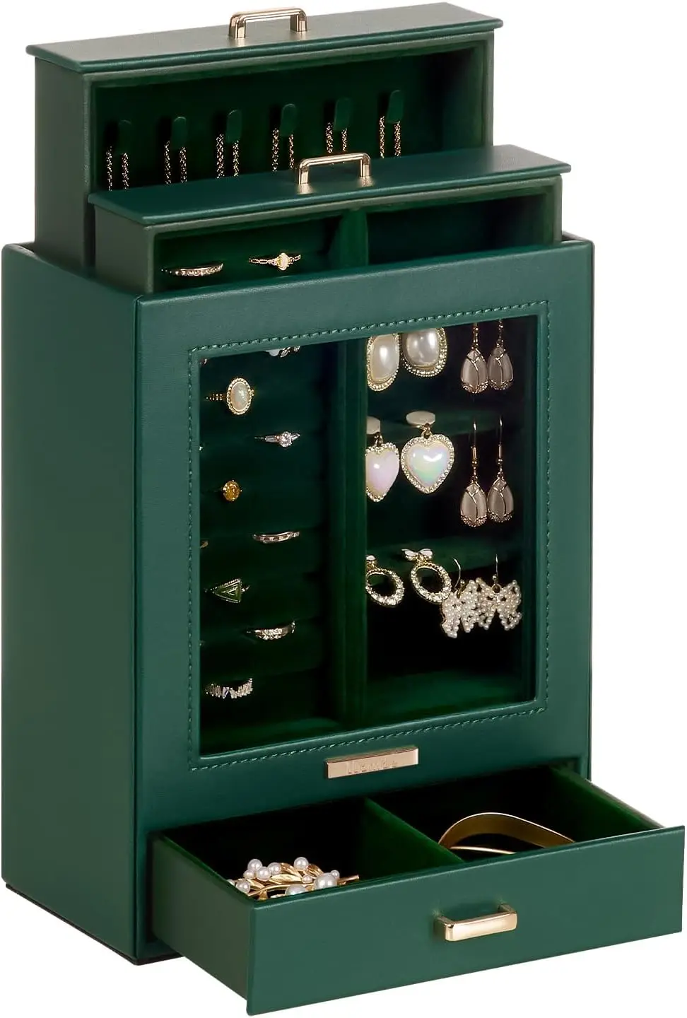 

Органайзер для украшений, шкатулка для дам и девочек, для хранения ожерелий, колец, серег, браслетов, подарок (лесной зеленый + золотой)
