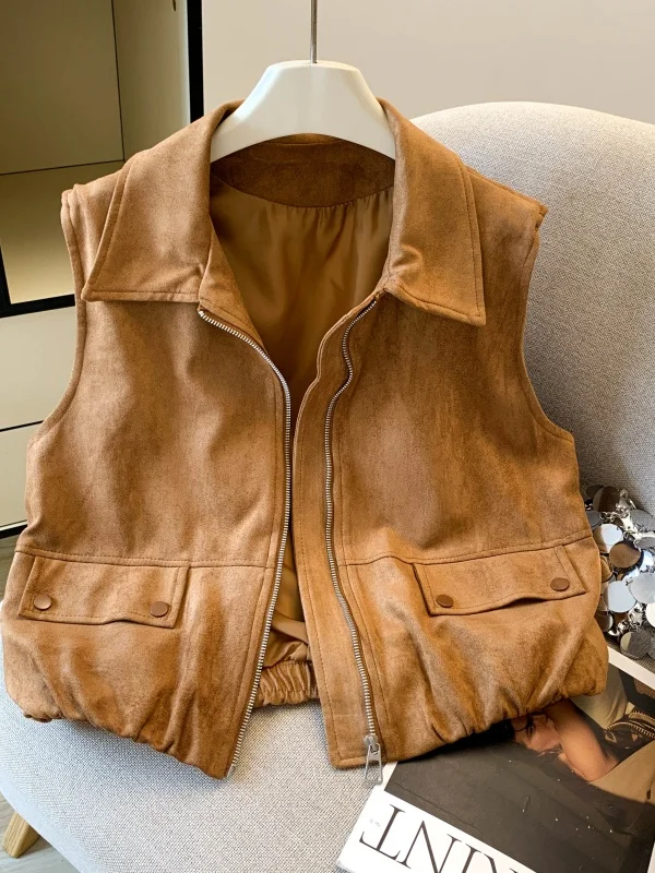 Casual Suede Vest Women's Short Flip-Collar Double-Pocket Fashion Layering Top Spring Autumn City Walk Travel Shopping