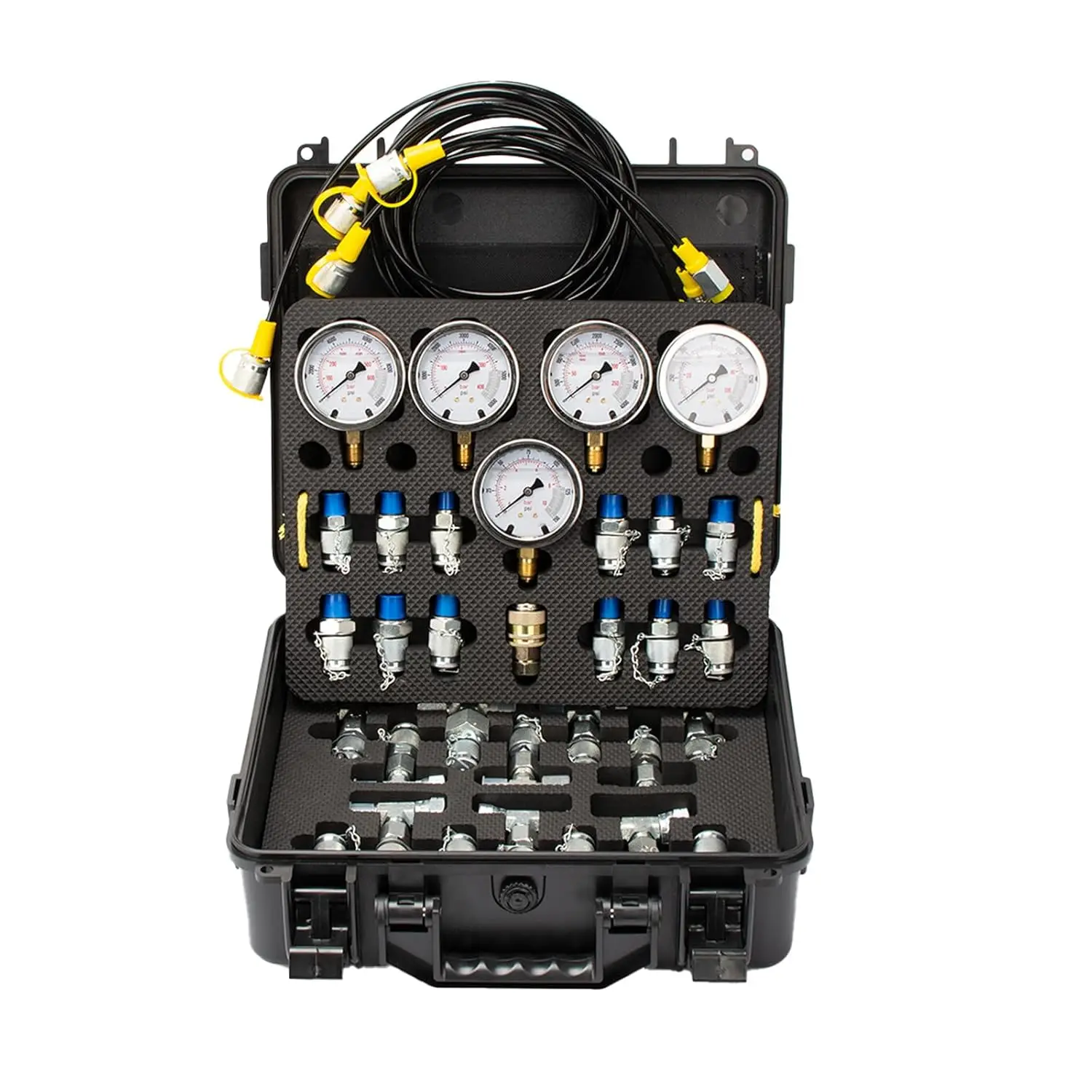 Pressure Test Kit for Excavator, Includes 13 Couplings & 14 Tee Connectors, 6 Test Hoses, 5 Pressure Gauges (150/1500/3500/6000/