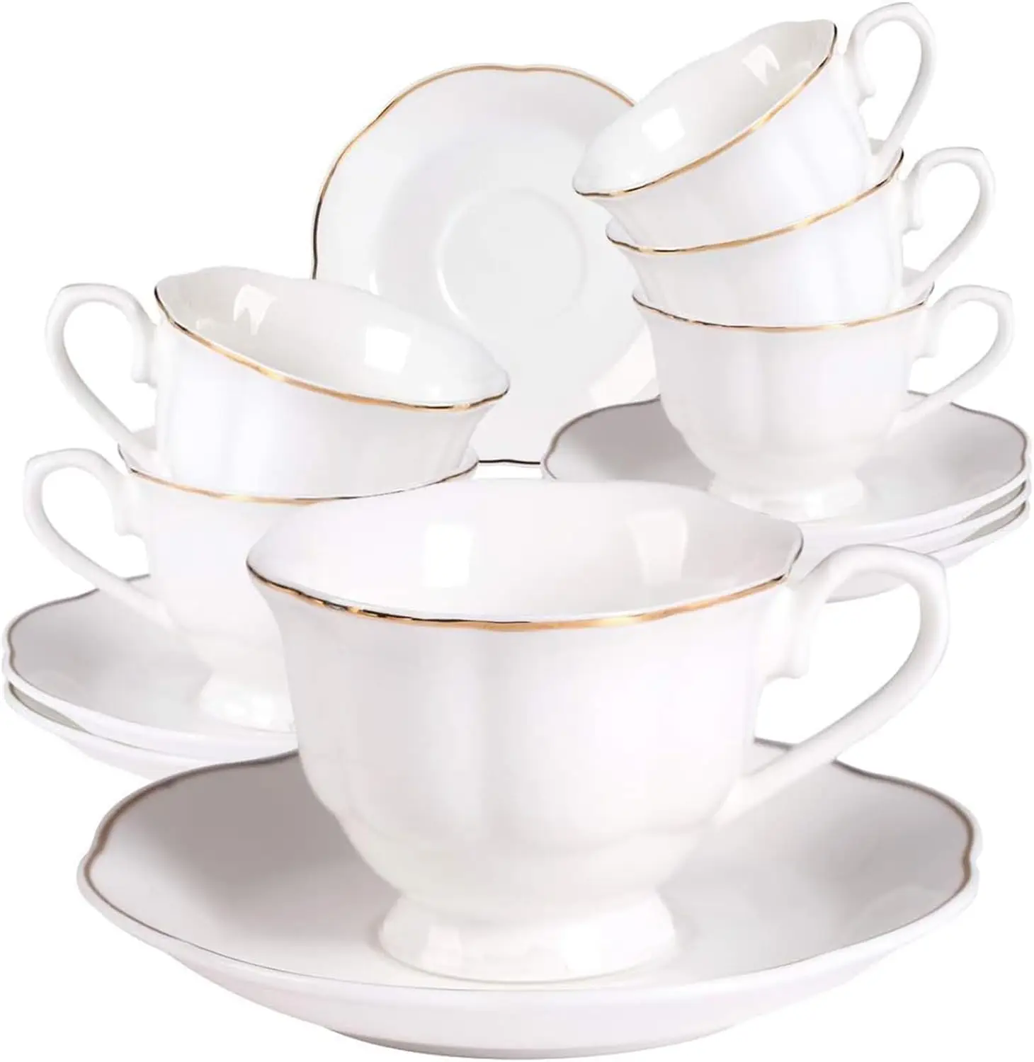 

12 Pieces Tea Cup set Fine Porcelain 6oz Cup and Saucer set of 6 for Cappuccino Tea Flat White Coffee