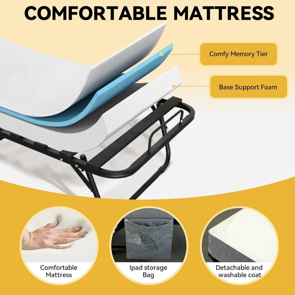 سرير قابل للطي مع مرتبة للبالغين، سرير قابل للطي بحجم واحد مع إطار معدني قوي وإطار خشبي، ضيوف قابل للطي، #6