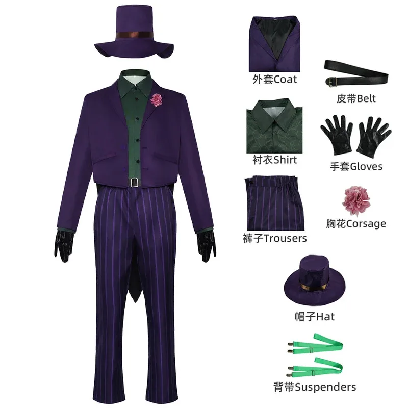 

Mortal Kombat 11 Clown Joker Coat Shirt Top and Pants Cosplay Costume Halloween Masquerade Carnival Party Outfits for Men