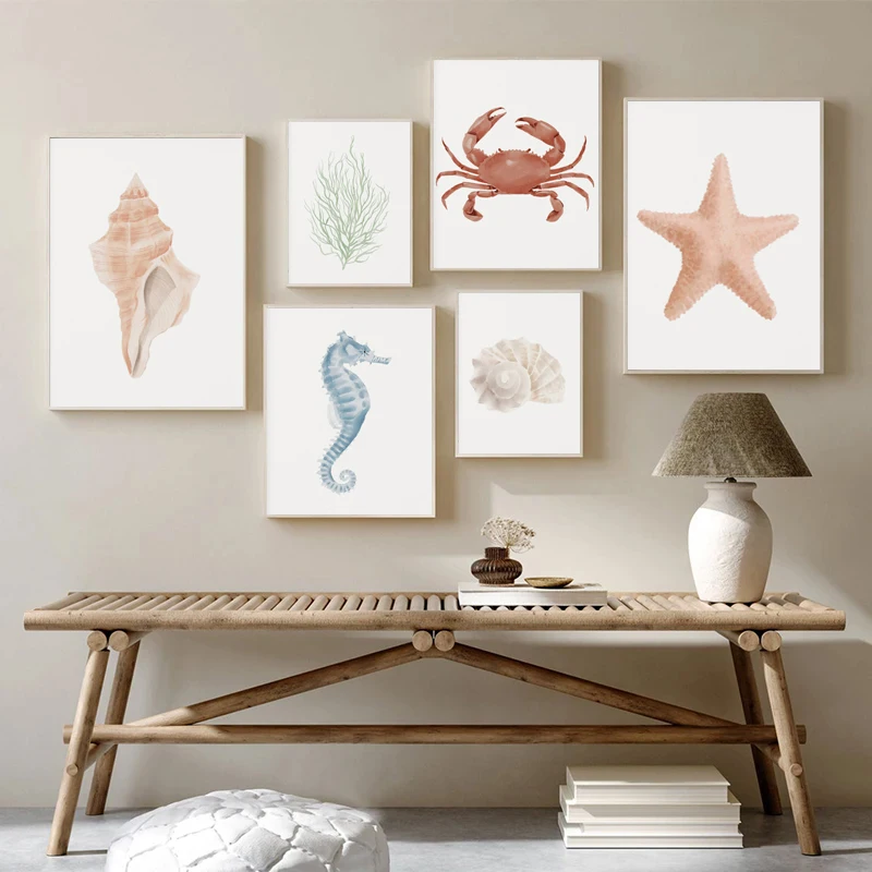 Watercolor Boho Seaweed Conch Shell Starfish Beach Coastal Poster Canvas Painting Nordic Wall Pictures Living Room Home Decor