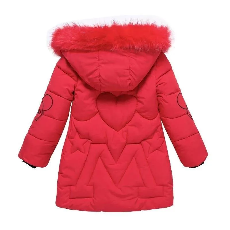 Girls Faux Fur Collar Down Cotton Jackets Winter Thick Warm Hooded Outerwear Kids Zipper Waterproof Christmas Long Coat New