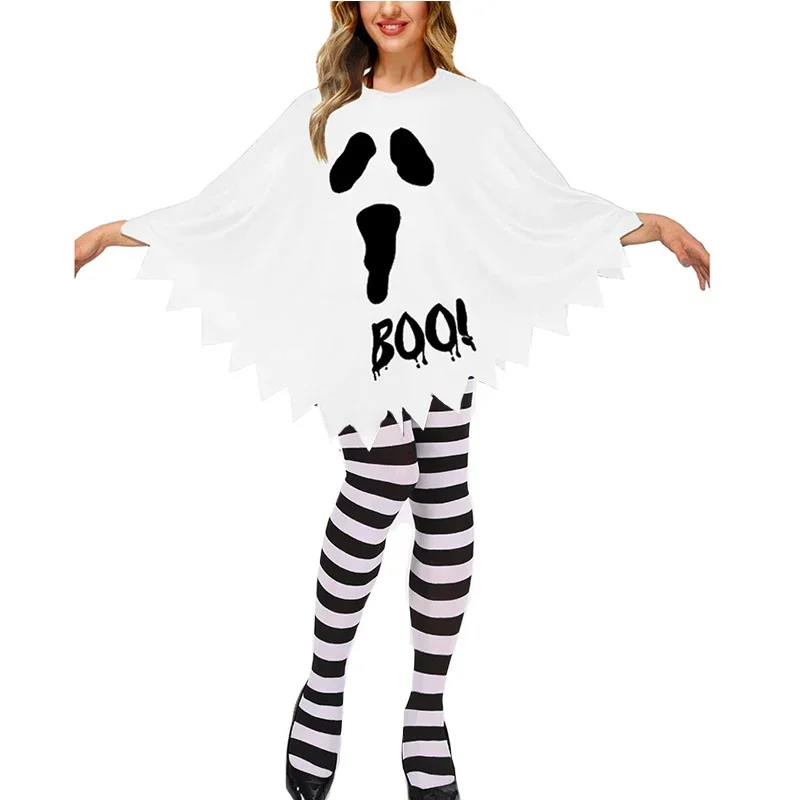 Mantello da fantasma di Halloween Set superiore Costume da donna per ragazza adulta Fascia per capelli Calza a righe Vestito da Halloween Carnevale