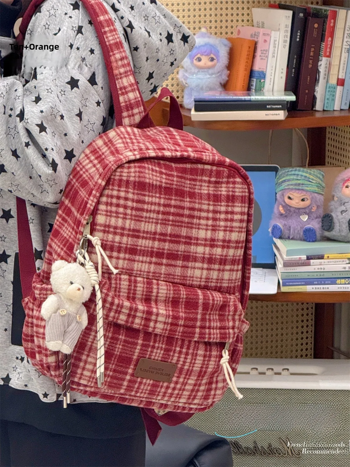 

High Capacity Faux Velvet Retro Japanese Style Backpack for Female High School Students Large Capacity Bookbag with Water Bot...