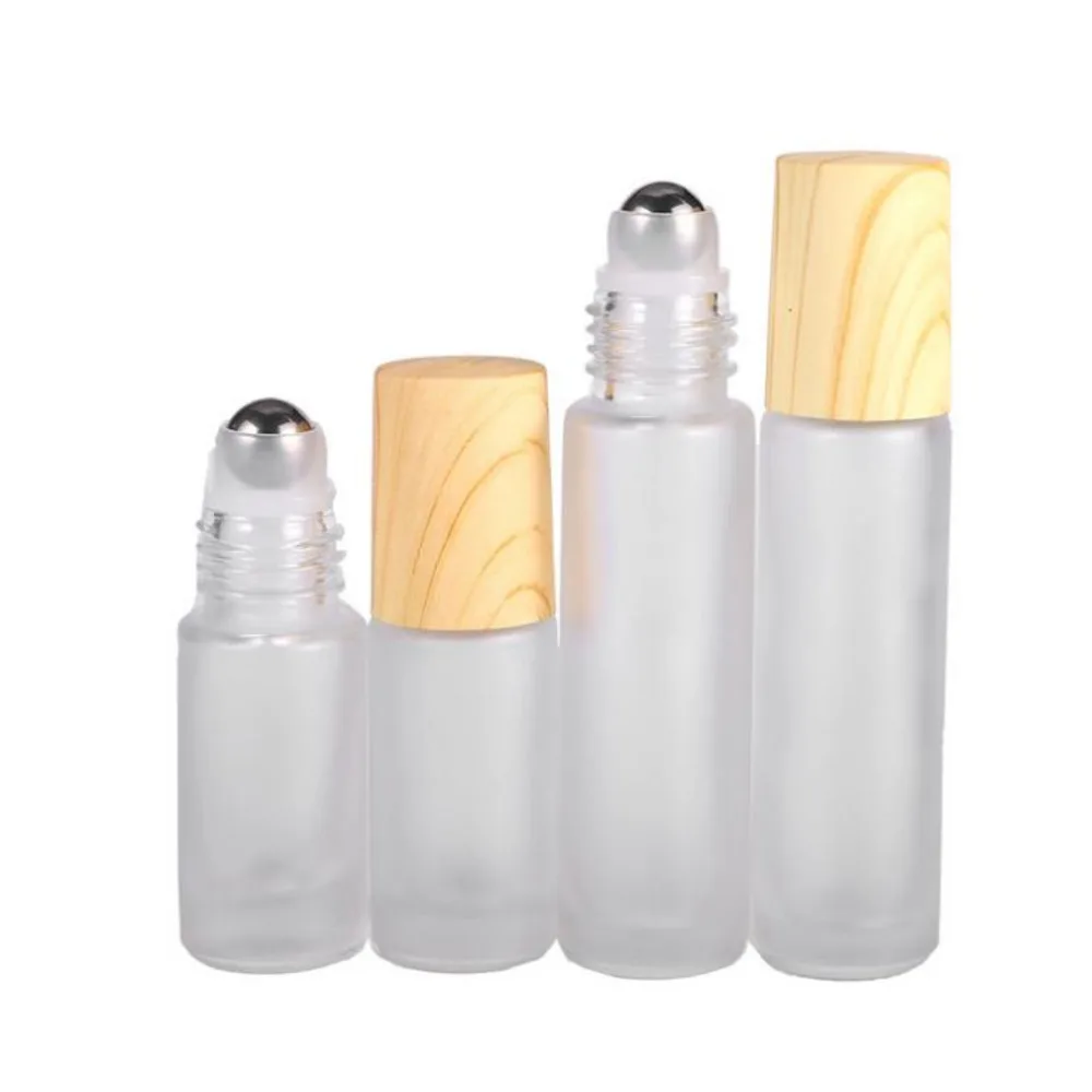 Frosted Clear Glass Perfume Roller Bottles Vials Containers With Metal Roller Ball And Wood Grain Plastic Cap