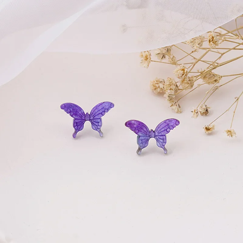 Korean Fairy Purple Gradient Butterfly Earrings for Women Female Sweet Clear Resin Statement Earrings Fashion Party Jewelry