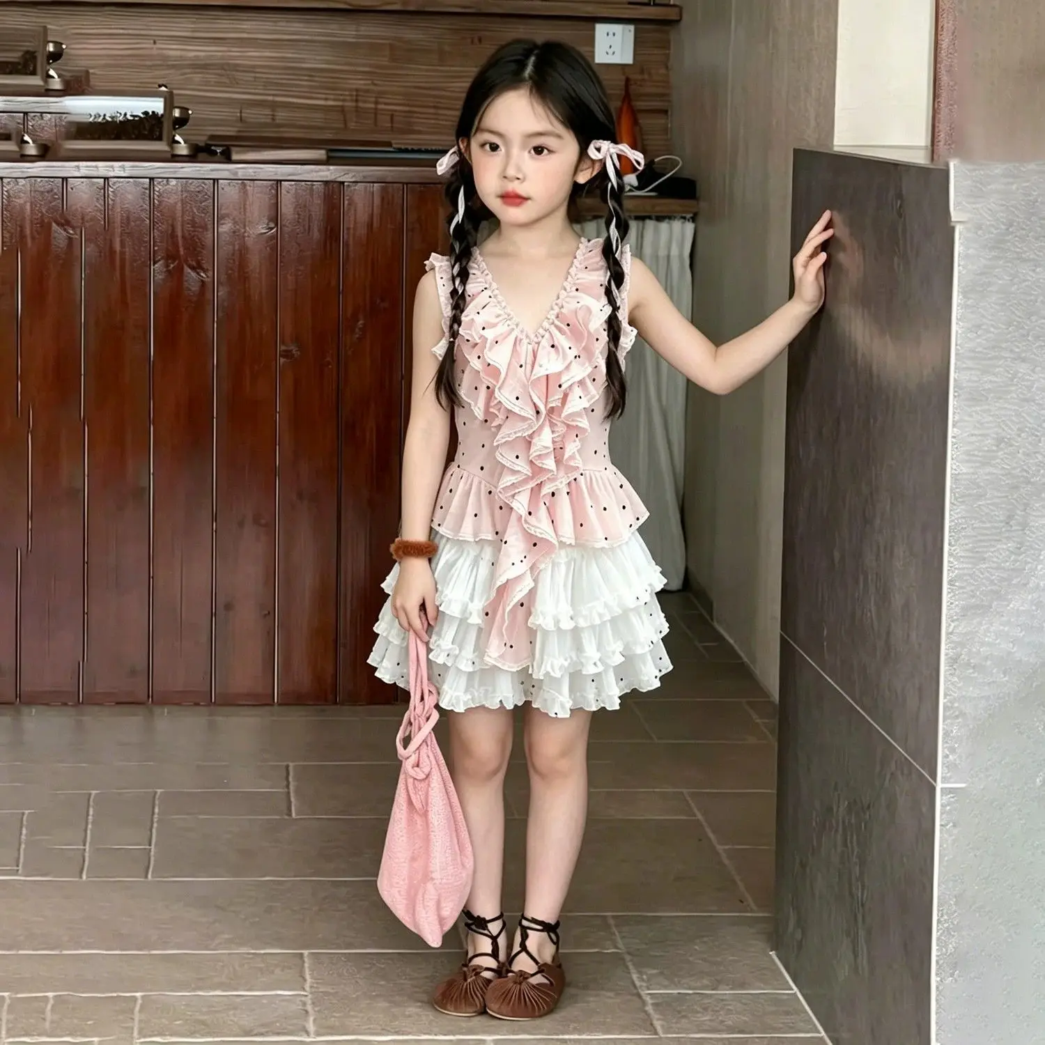 Korean  of girls' 2026 summer new sweet pink polka dot neck V-neck top white multi-layer cake skirt