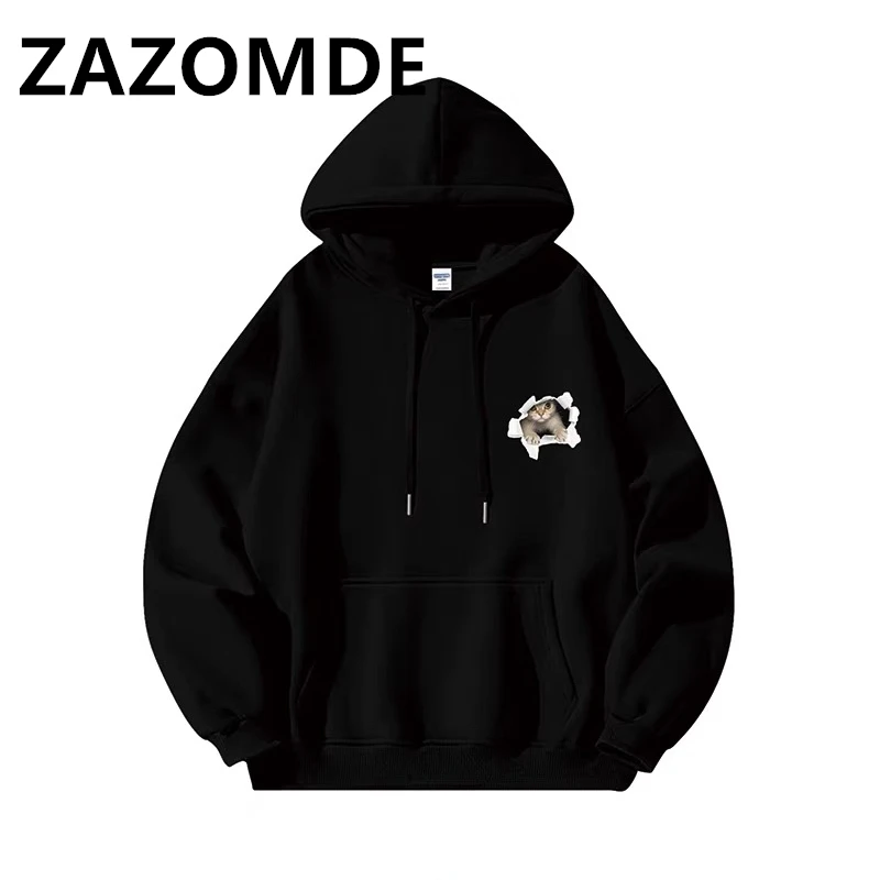 ZAZOMDE Winter Print Hoodie Loose Sweatshirt Pullover Cotton Hoodie Vintage Streetwear Drawstring Front Pocket Cat Print Hoodies