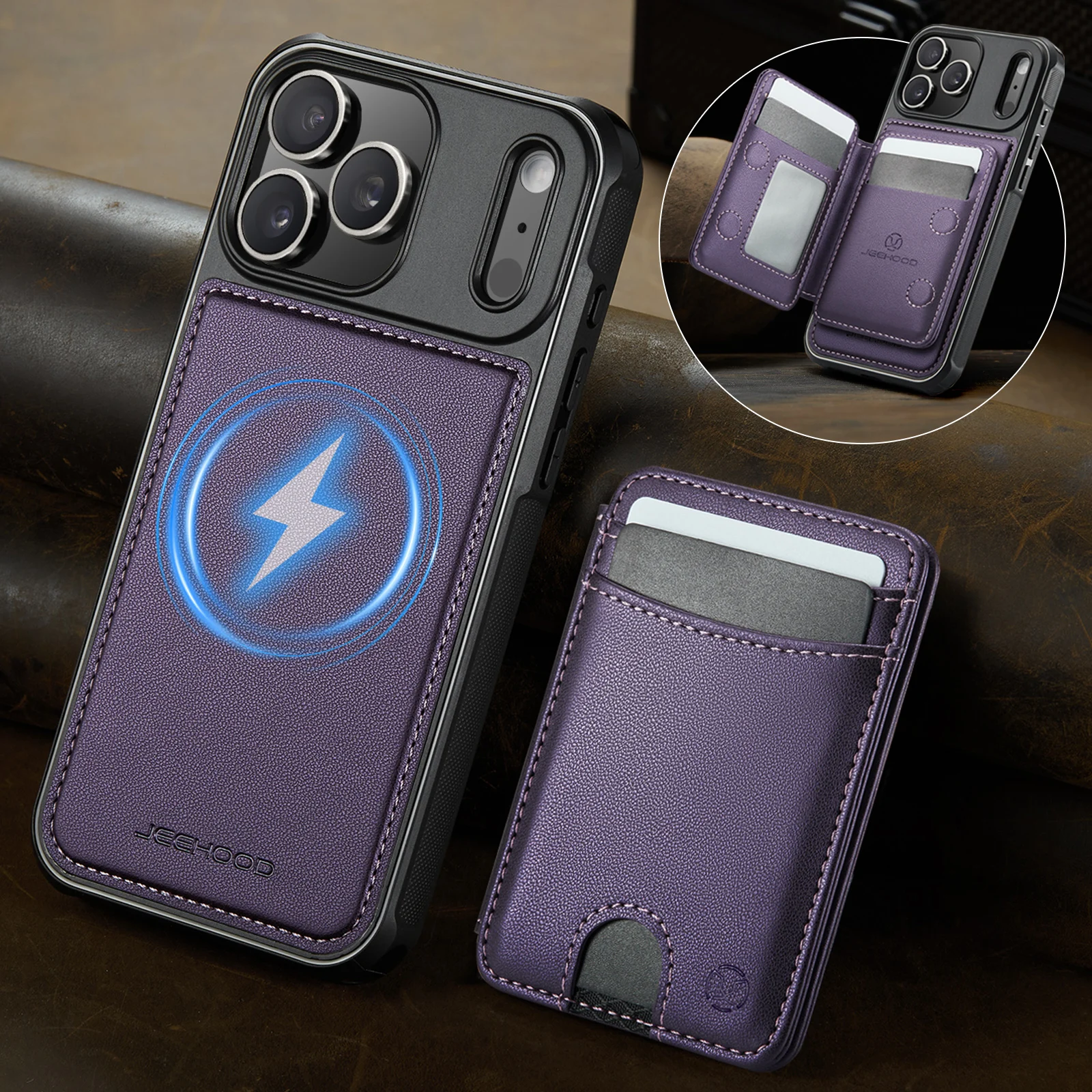 JEEHOOD-J10 Wallet Case for iPhone 17 Pro Max 16 15 14 13 12 11 Pro, Luxury 2 in 1 PU Leather Card Holder Cover Protector Shell