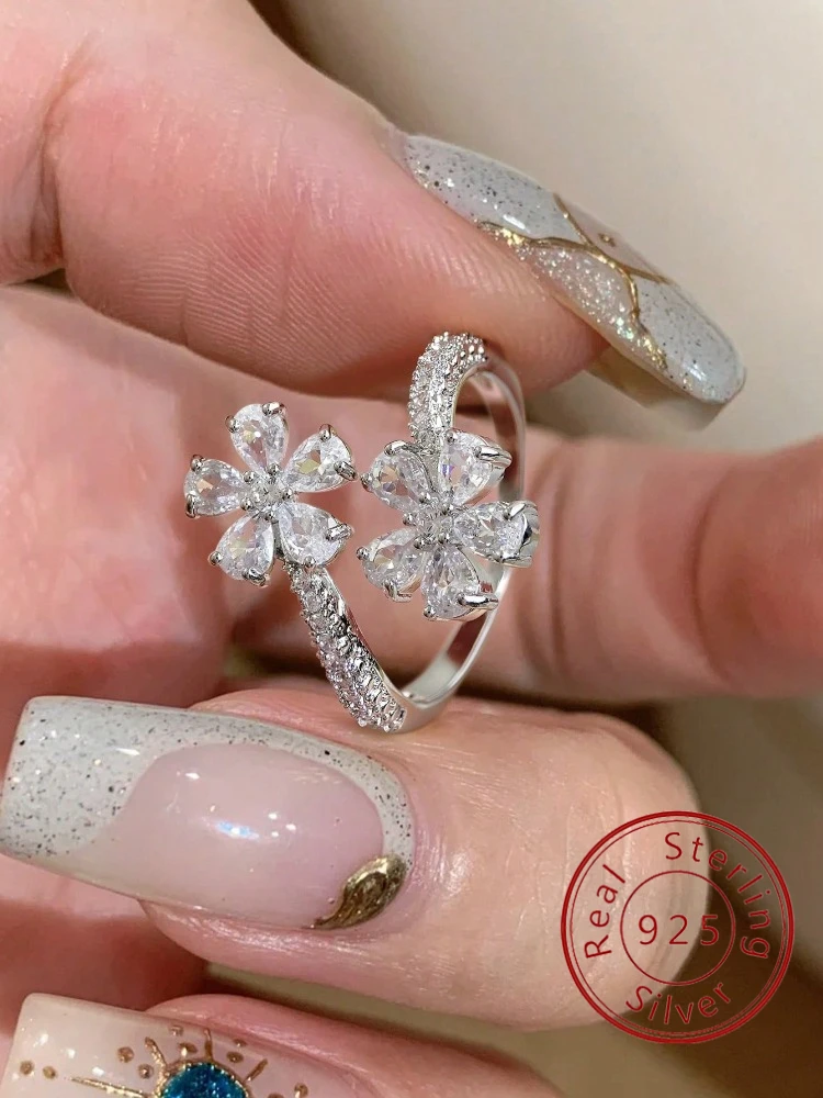 925 Sterling Silver Elegant Water Drop and Flower Adjustable Zircon Ring For Women Engagement Luxury High Quality Fine Jewelry