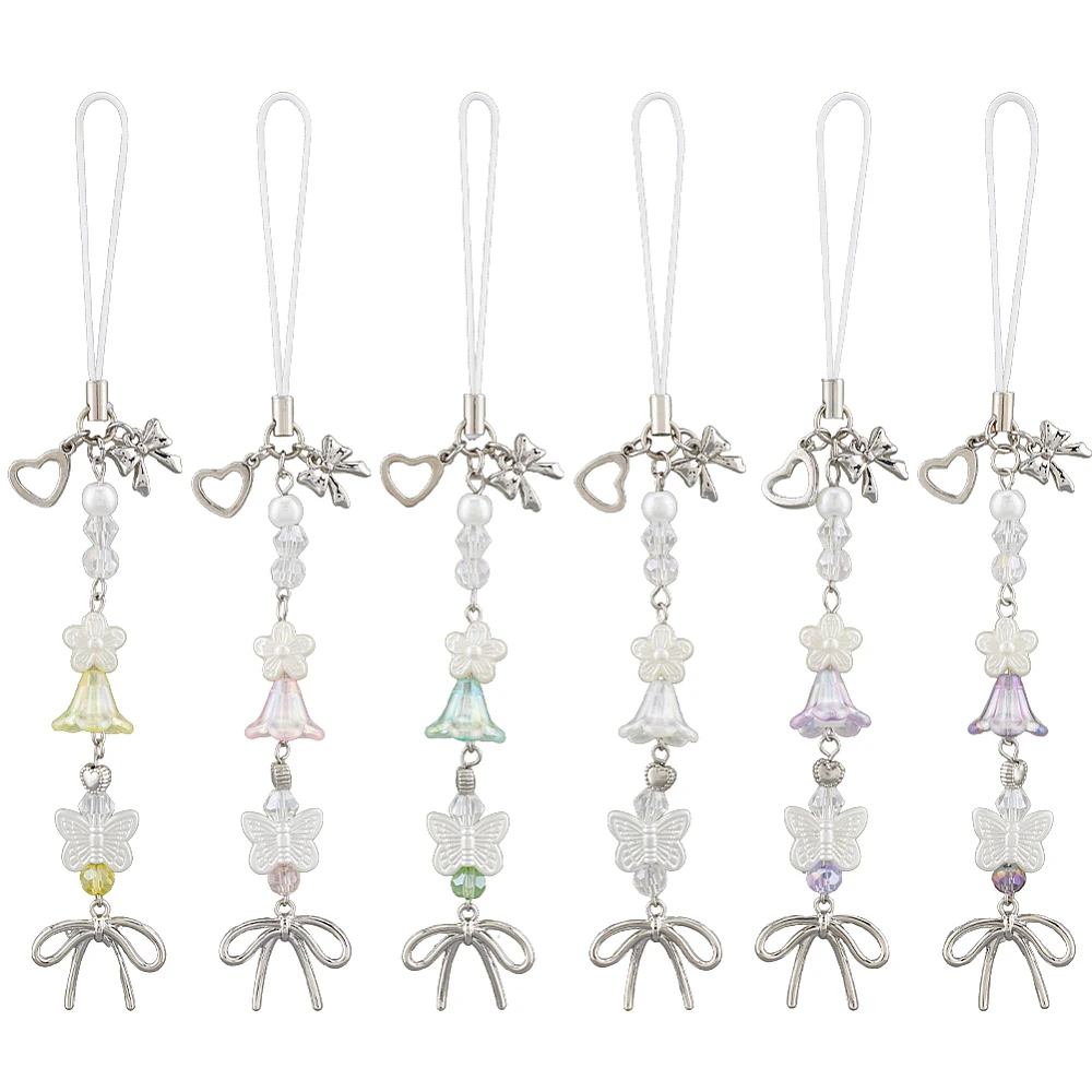 1 Box 6pcs Cellphone Charm Phone Charms Strap Conquette Bowknot Cute Acrylic Bowtie Flowers Heart Dangle Lanyard for Mobile