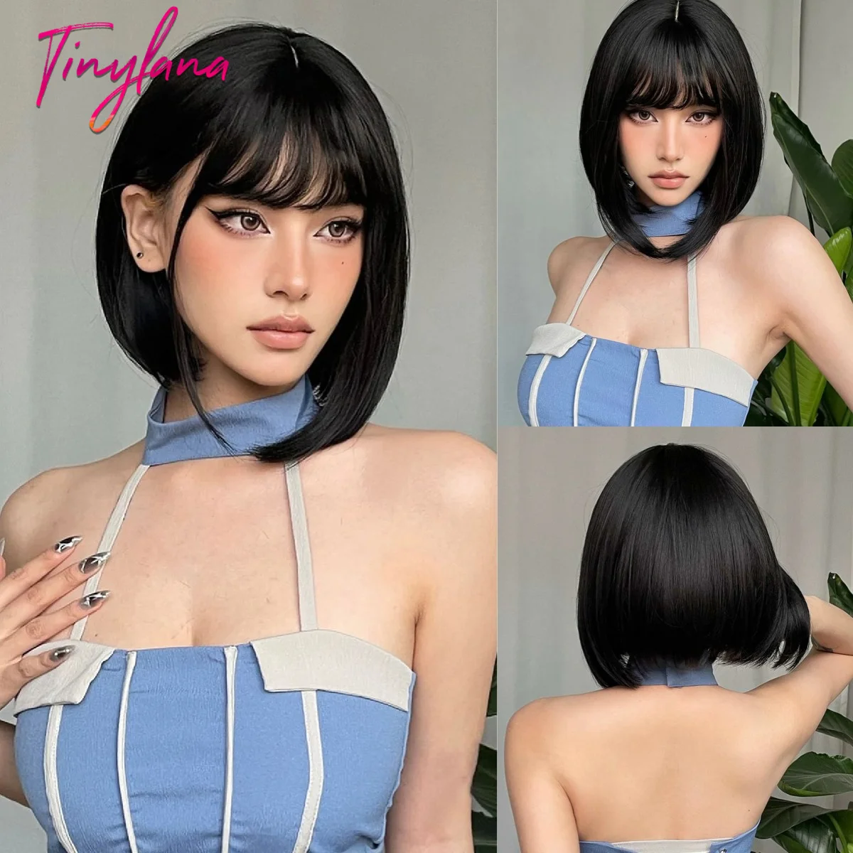 Bob Black Synthetic Wig with Bangs for Women Afro Short Dark Straight Wigs Cosplay Halloween Natural Hair Lolita Heat Resistant