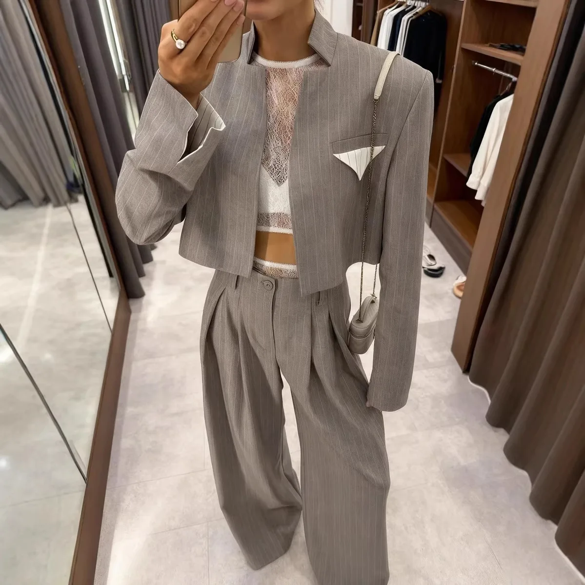 

Striped Printed Two Piece Set Casual Temperament Jacket Top Loose Wide Leg Pants Set Elegant Lady Office Fashion Street Suit Set