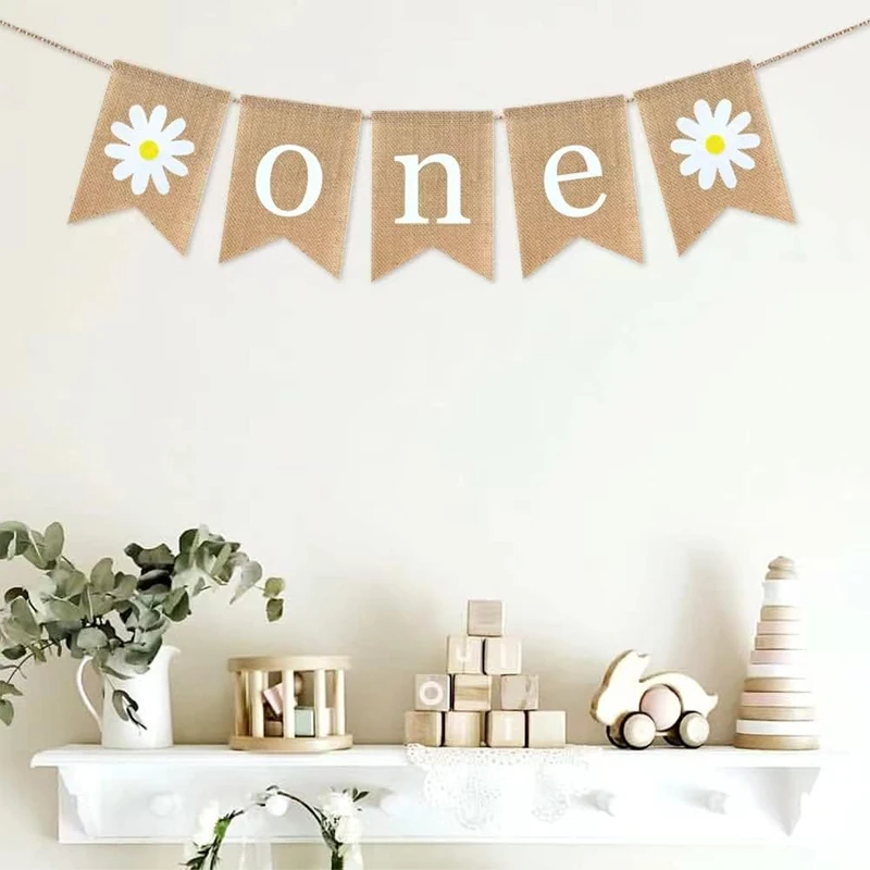

Daisy Themed Baby Boy Girl One Year Old Burlap Banner Birthday Party Baby Shower Decoration Hanging Mantel Fireplace Photo Props