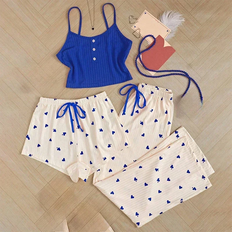 summer Three Piece Vest Shorts and Bow Drawstring pants pyjamas Casual Women's Cute Heart-Shaped Print Paired Home Pajamas Set