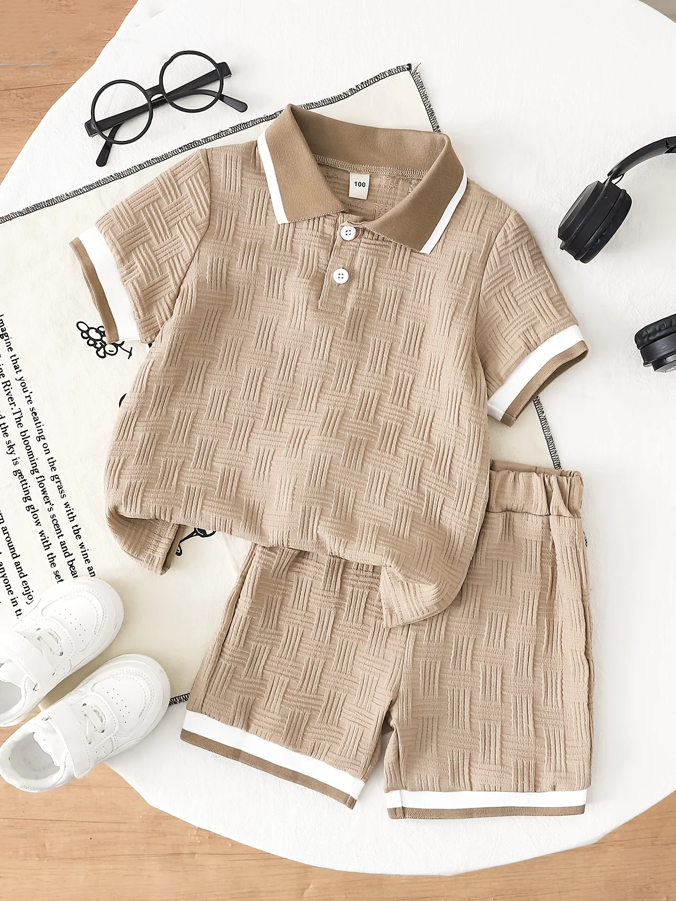 Boys' Summer Casual Shorts Set Khaki Solid Color Half Cardigan T-shirt & Same Color Shorts Set Children's Summer Vacation Lightw