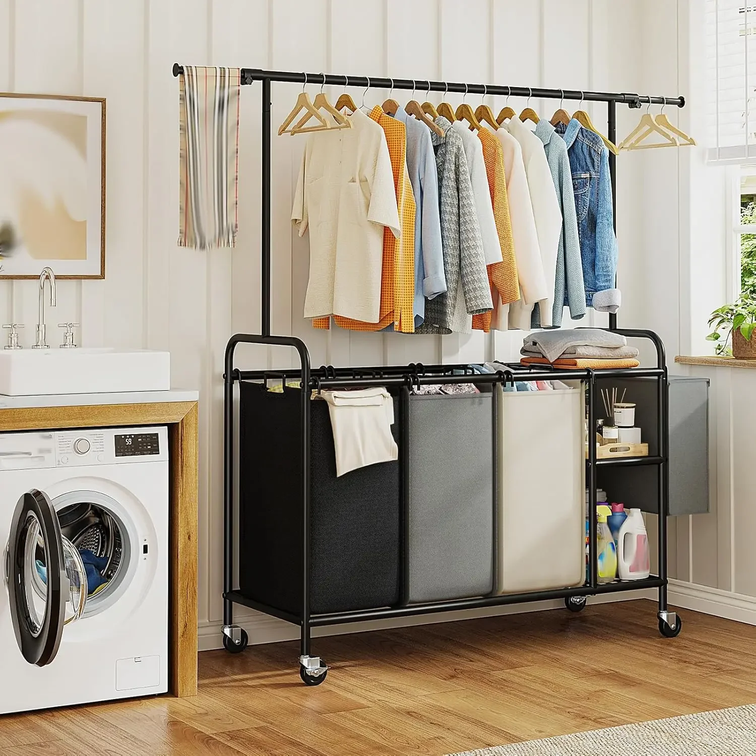 Laundry Sorter 3 Section Rolling Laundry Hamper Cart with Shelf 200L Large Laundry Basket Organizer 3 Compartment Hampers